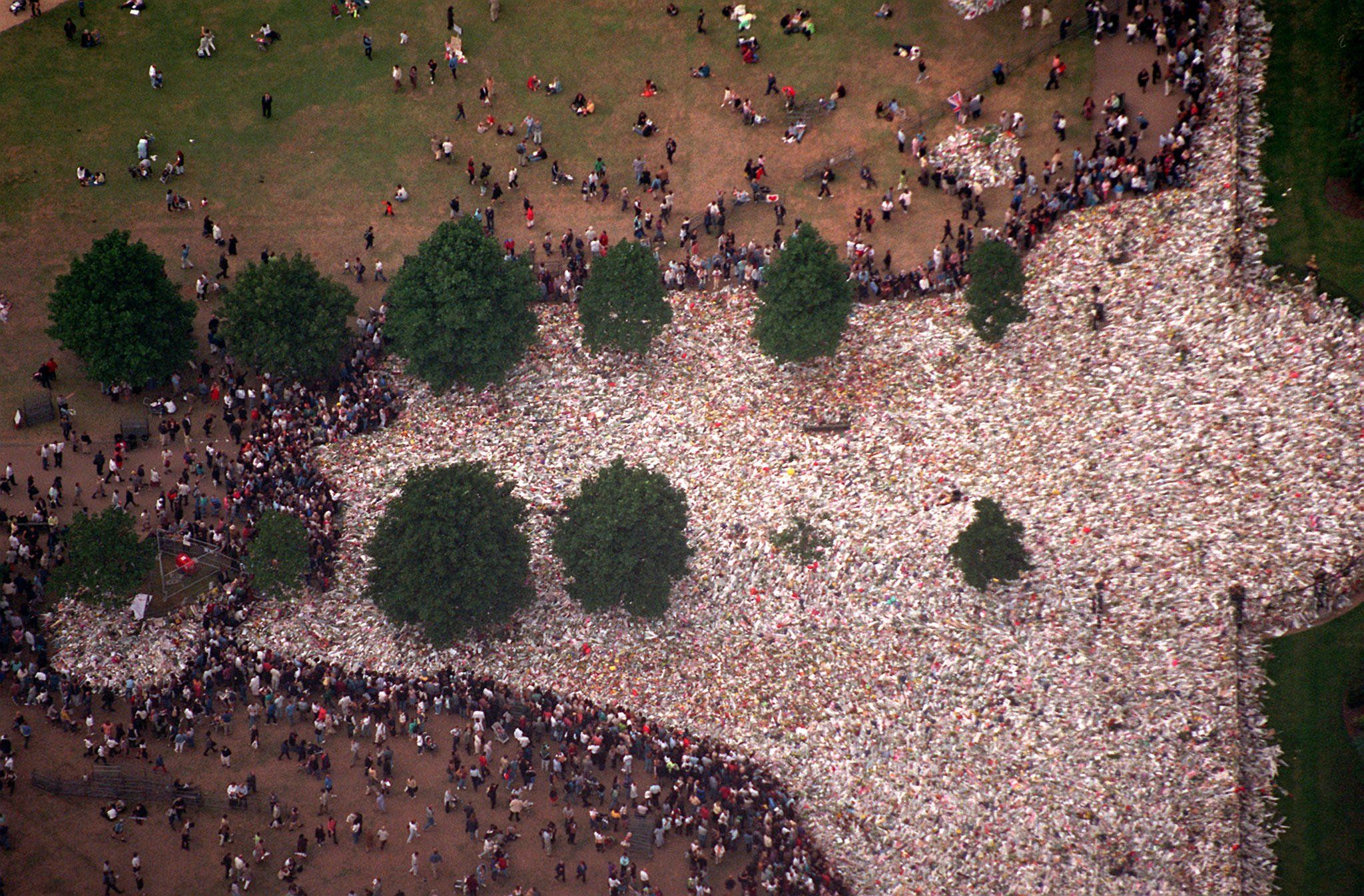 <p>This is an aerial view of the flowers and mementos that mourners left outside the gates of Princess Diana's London home, Kensington Palace, the day before her funeral on Sept. 6, 1997. </p>