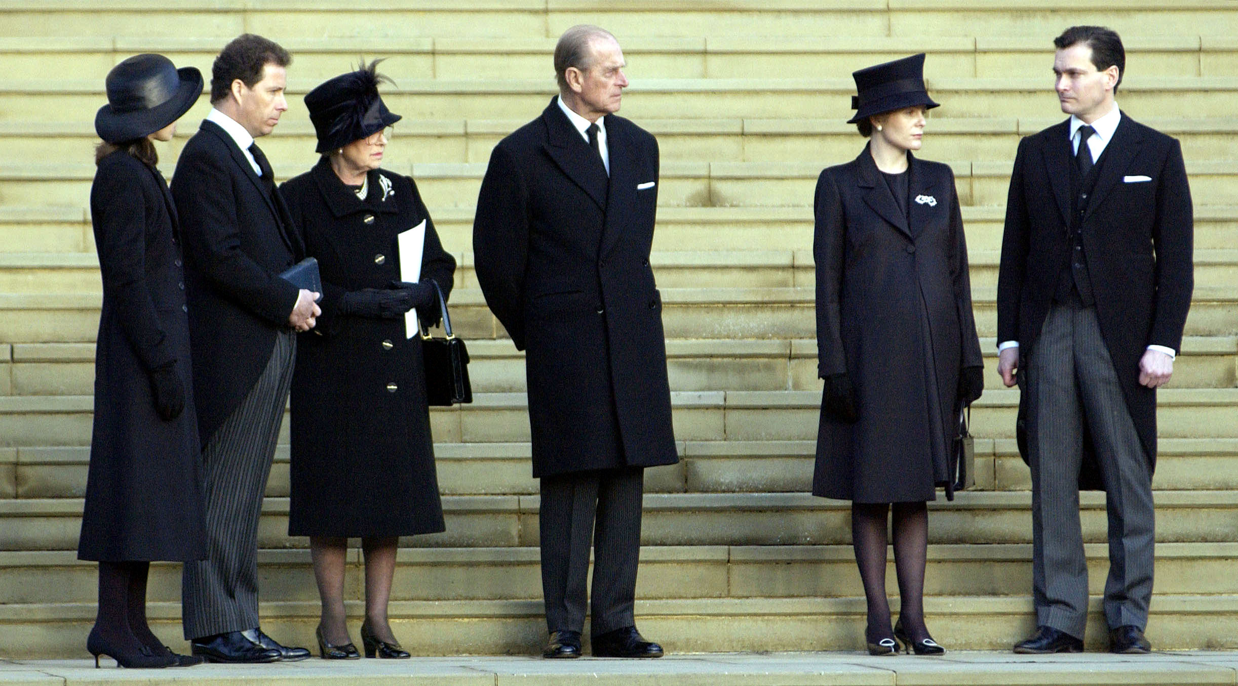 <p>Princess Margaret's children -- Lady Sarah Chatto and David Armstrong-Jones, then known as Lord Linley -- were joined by their aunt, Queen Elizabeth II, as well as Prince Philip, Lady Serena Linley and Daniel Chatto as they watched Margaret's coffin leave St. George's Chapel at Windsor Castle following her funeral service on Feb. 15, 2002. </p>