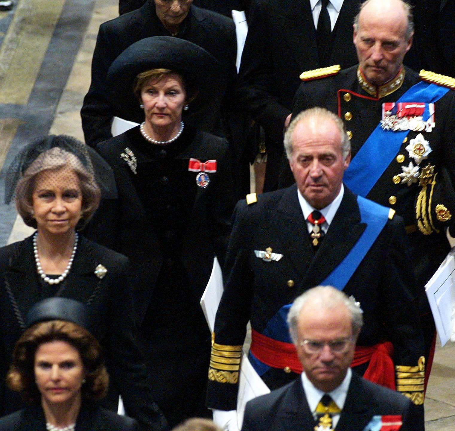 <p>Many global royals attended the funeral of Queen Elizabeth the Queen Mother on April 9, 2002. A few of them -- Sweden's King Carl XVI Gustaf and Queen Silvia (front), Spain's then-King Juan Carlos and Queen Sofia (center) and Norway's King Harald V and Queen Sonja (rear) -- are seen leaving Westminster Abbey in London following the funeral service, which was the culmination of more than a week of mourning for the royal matriarch, who died that March 30 at 101.</p>