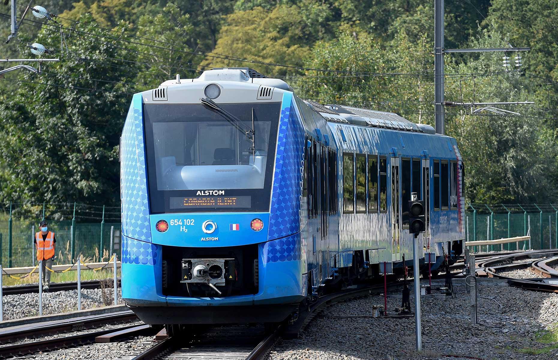 <p>Germany is now home to the world's first hydrogen-powered passenger trains – with plans to expand into Frankfurt, northern Italy and France. This emission-free mobility means that 14 trains will operate in Lower Saxony and are expected to completely replace diesel trains by the end of 2022. Pictured here is one of the Coradia iLint trains on a trial run in France in September 2021.</p>