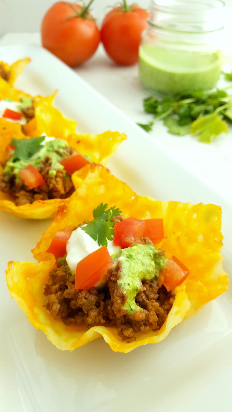 Cheese Shell Taco Cups With A Quick & Tasty Jalapeno Cilantro Sauce