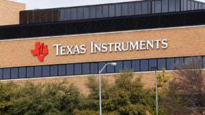 Texas Instruments logo on its world headquarters located in Dallas, Texas.