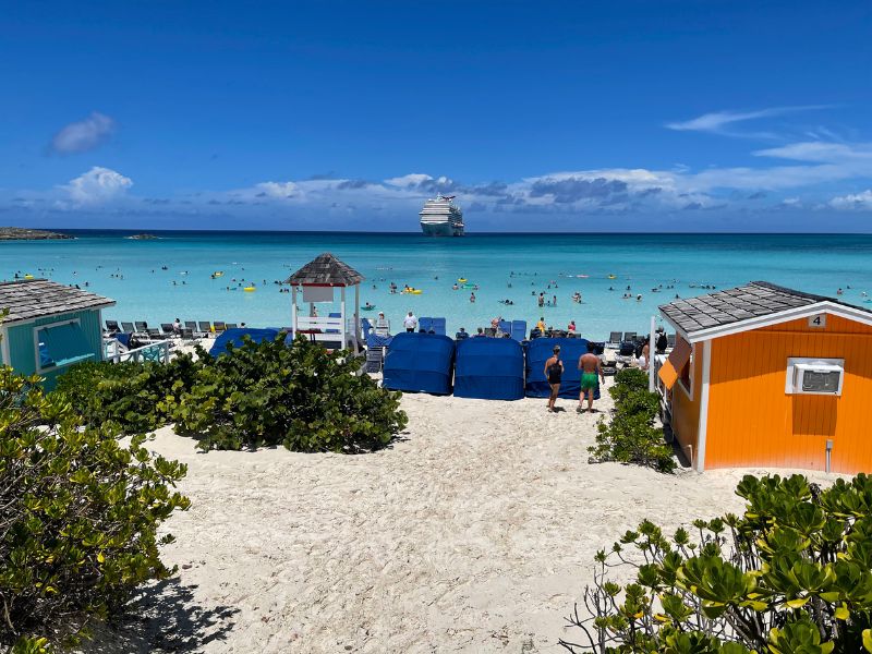This shows the back of the clamshell umbrellas and 2 of the private cabanas available at Half Moon Cay.