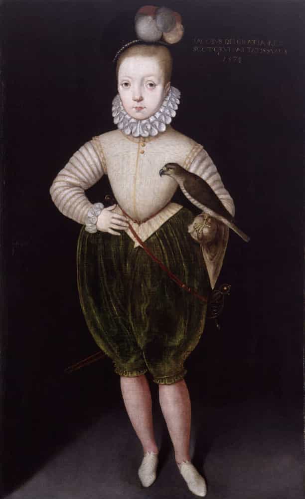 <p>Aquí tenemos a un jovencísimo rey Jacobo I de Inglaterra en todo su esplendor... Si por esplendor entendemos parecer un artista circense con corsé.</p>