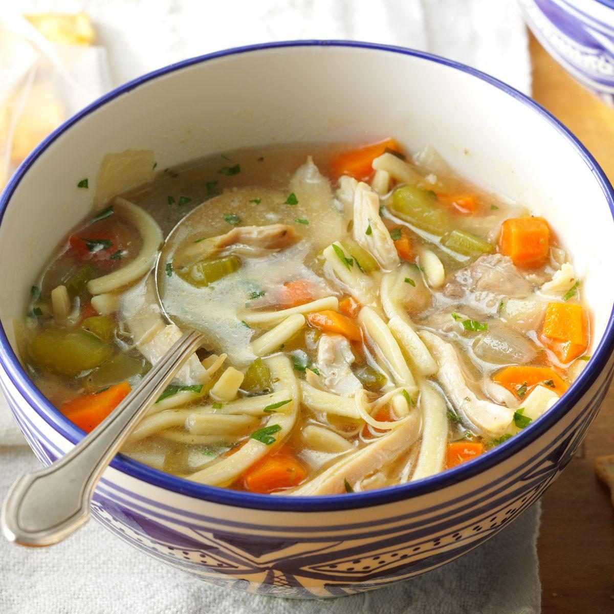 Everyone makes chicken noodle soup a little differently, but the base of most recipes starts with celery, carrots and onions with roasted chicken and egg noodles in a hearty chicken broth. Herbs like basil, oregano, thyme or rosemary and garlic are often added to recipes for extra flavor. <a href="https://www.tasteofhome.com/recipes/the-ultimate-chicken-noodle-soup/">Get Recipe</a>