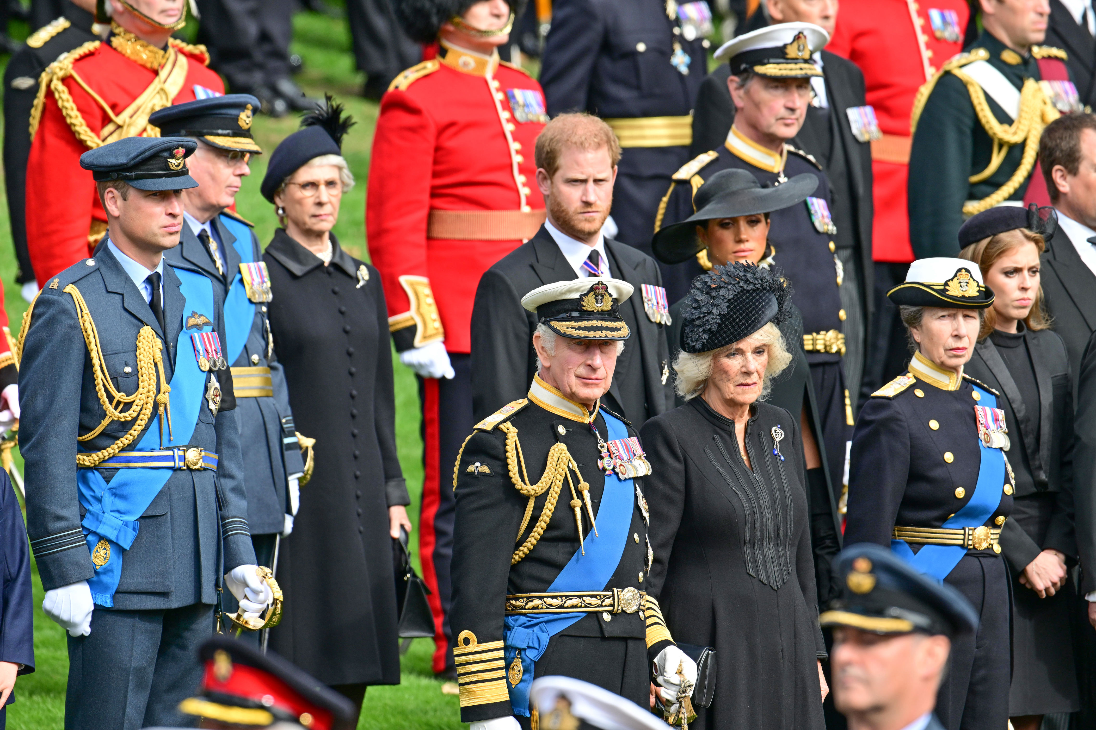 <p>Prince William, Prince Harry, Duchess Meghan, King Charles III, Camilla, Queen Consort, Princess Anne, Princess Beatrice and more royals observed the coffin of Queen Elizabeth II as it was transferred from the gun carriage to the hearse at Wellington Arch following <a href="https://www.wonderwall.com/celebrity/royals/best-photos-from-queen-elizabeth-ii-funeral-king-charles-princes-william-prince-harry-george-charlotte-kate-meghan652347.gallery">her state funeral</a> at Westminster Abbey. The funeral cortege continued on to Windsor, England, for a committal ceremony and burial at St. George's Chapel at Windsor Castle, on Sept. 19, 2022.</p>