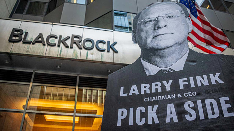 Activists hold a protest outside BlackRock headquarters in New York City on May 25, 2022. BlackRock has faced pressure from both sides in the ESG fight. Erik McGregor/LightRocket via Getty Images