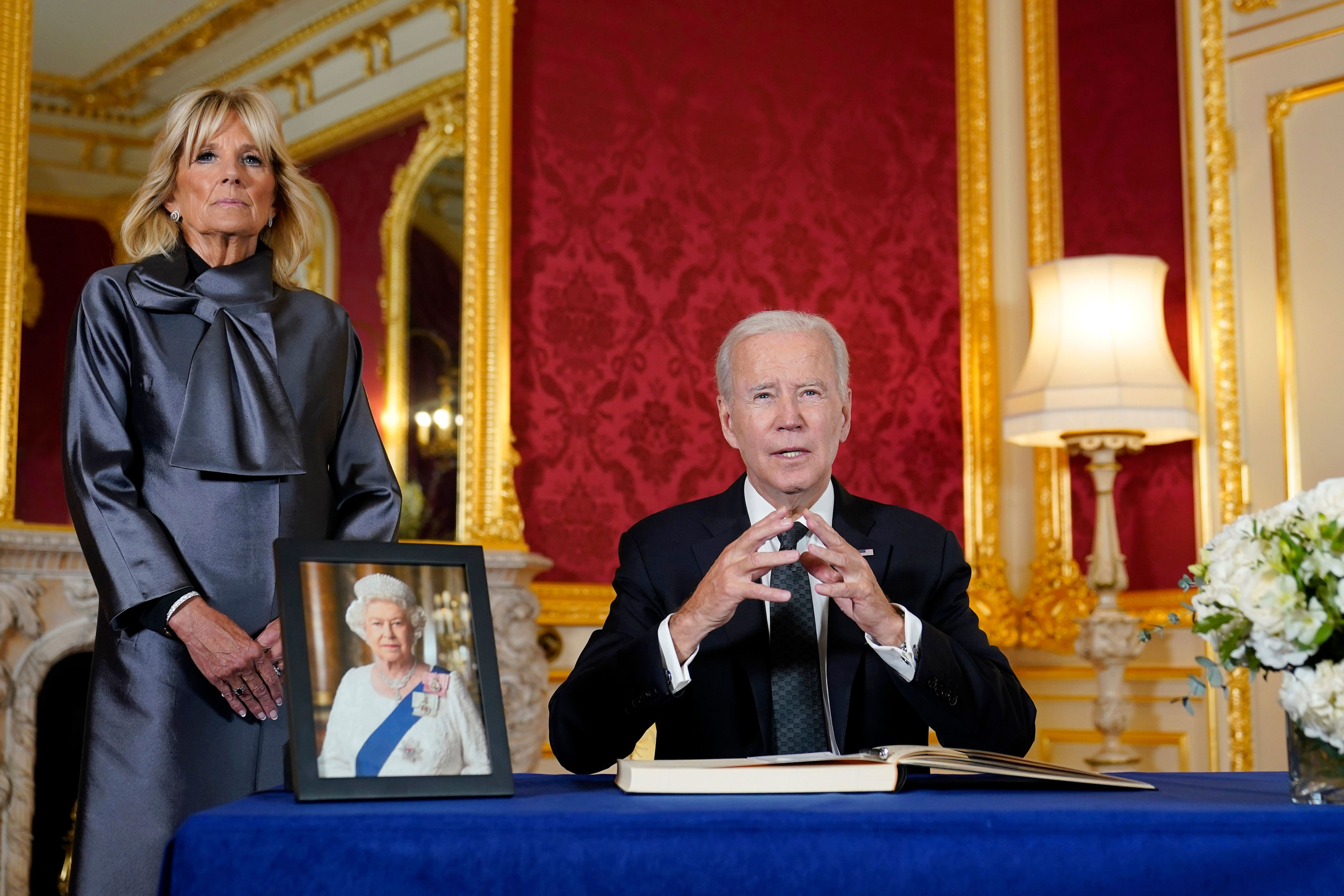 <p>As first lady Jill Biden looked on, President Joe Biden spoke after signing a book of condolence at Lancaster House in London on Sept. 18, 2022, following the death of Queen Elizabeth II.</p>