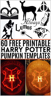 Harry potter pumpkin stencils with the Hogwarts crest, wand, the Deathly Hallows, Hedwig the owl, a patronus, Dobby and others.