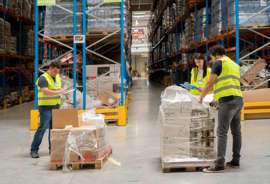 One woman and two men wearing safety vests while unpacking a pallet of boxes in a warehouse.