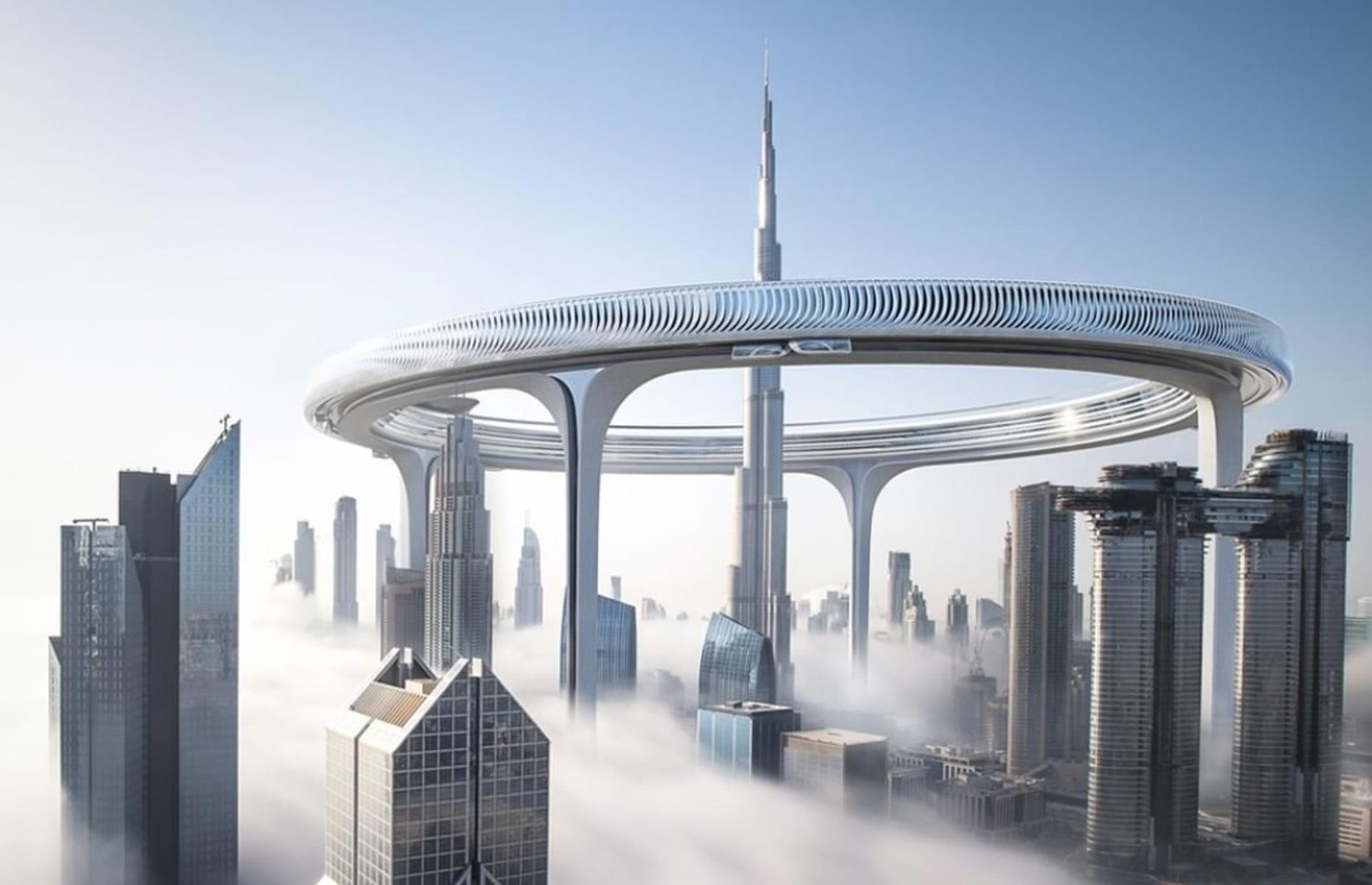 <p>Dubai’s Burj Khalifa is the world’s tallest building at 2,723 feet (830m), but it could become even more spectacular if these plans by architecture firm ZNera Space ever come to fruition. They’ve designed a space-age ring to encircle the famous landmark, which would stand supported by five pillars 1,804 feet (550m) above street level and extend across an area more than 1.8 miles (3km) wide.</p>