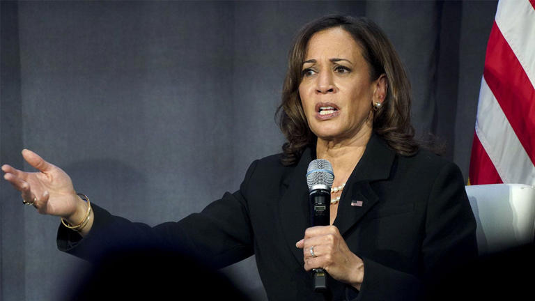 Vice President Kamala Harris speaks during the Democratic National Committee Women's Leadership Forum in Washington, D.C., on Sept. 30, 2022. Leigh Vogel/Abaca/Bloomberg via Getty Images