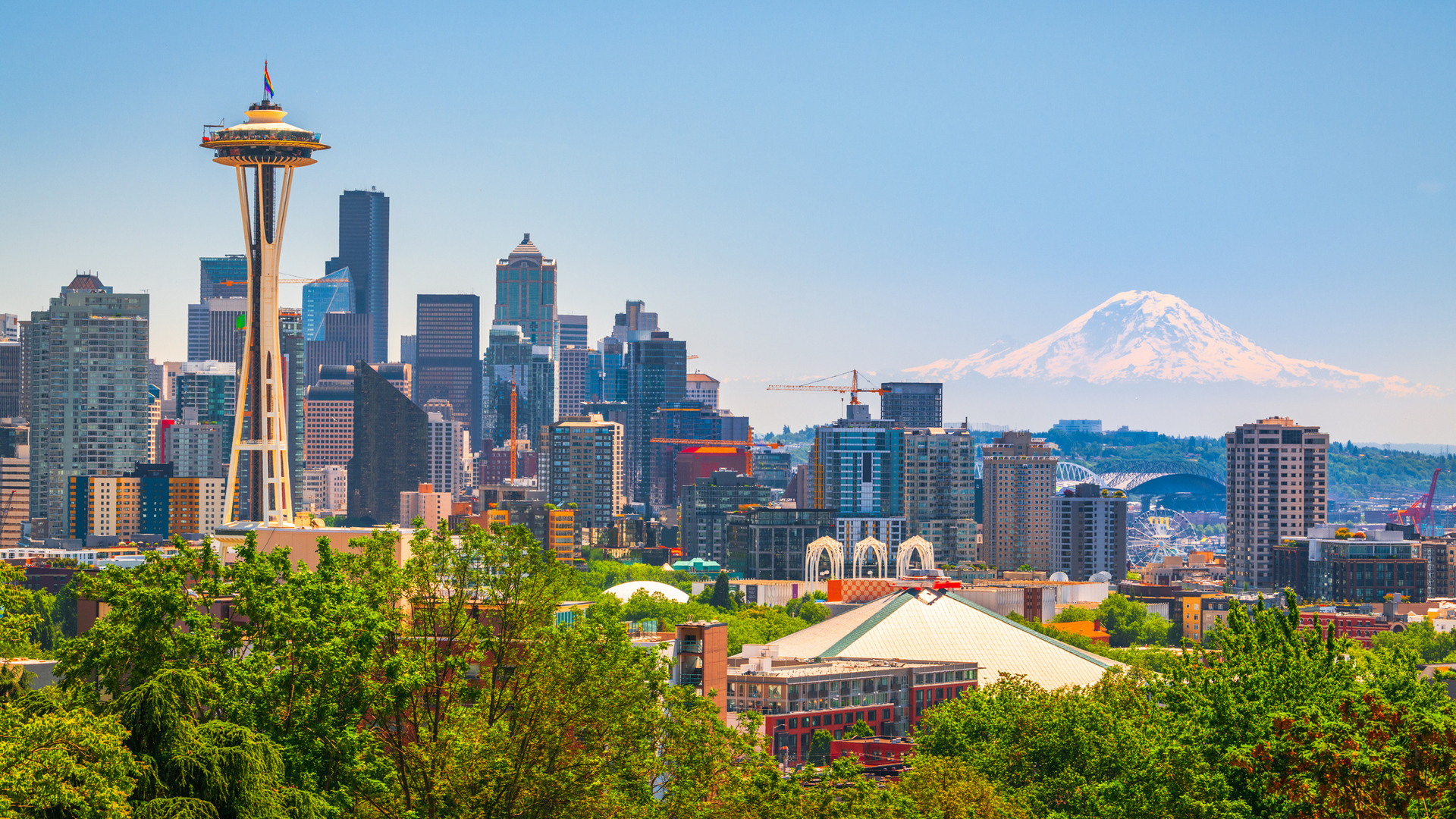 Seattle, Washington, USA Downtown Skyline with Mt. Rainier.