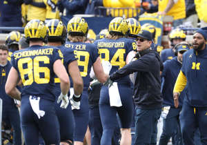 Michigan head coach Jim Harbaugh on the sidelines during action against Penn State on Oct. 15, 2022 at Michigan Stadium in Ann Arbor.