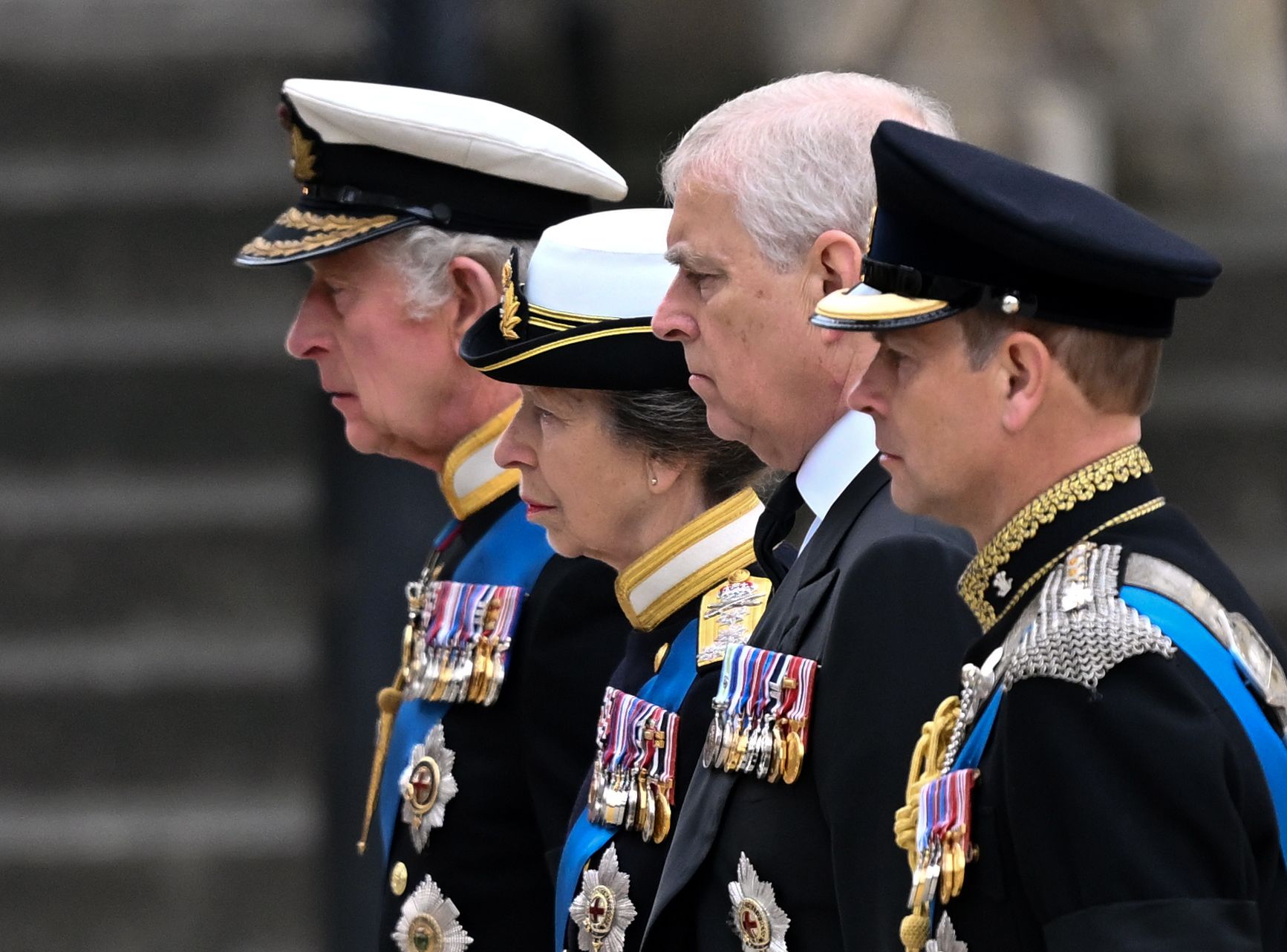 <p>King Charles III, Princess Anne, Prince Andrew and Prince Edward stood behind mother Queen Elizabeth II's coffin at Westminster Abbey in London during <a href="https://www.wonderwall.com/celebrity/royals/best-photos-from-queen-elizabeth-ii-funeral-king-charles-princes-william-prince-harry-george-charlotte-kate-meghan652347.gallery">her state funeral</a> on Sept. 19, 2022.</p>