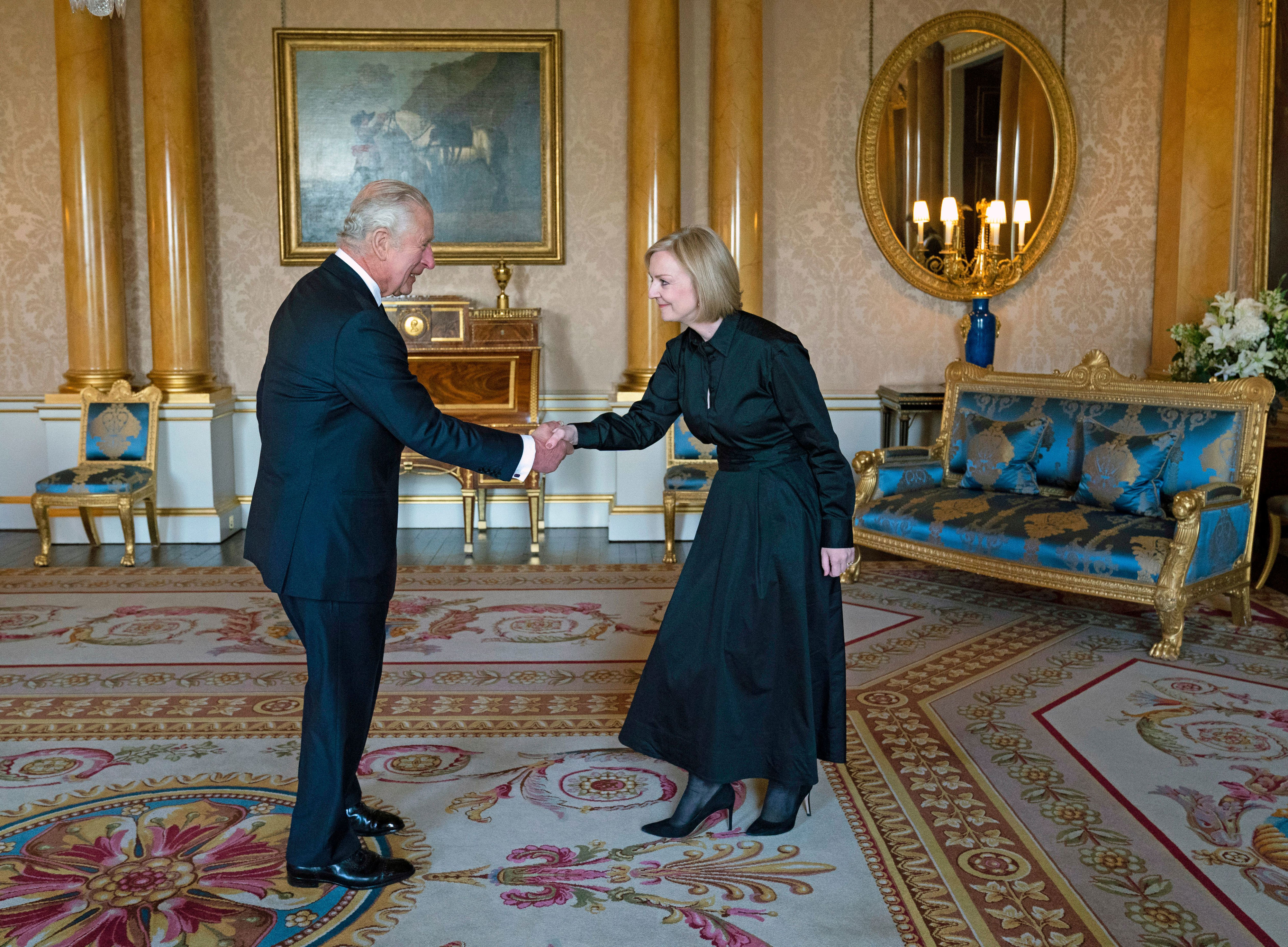 <p>King Charles III received Prime Minister Liz Truss in the 1844 Room at Buckingham Palace in London on Sept. 18, 2022 -- the day before Queen Elizabeth II's state funeral.</p>