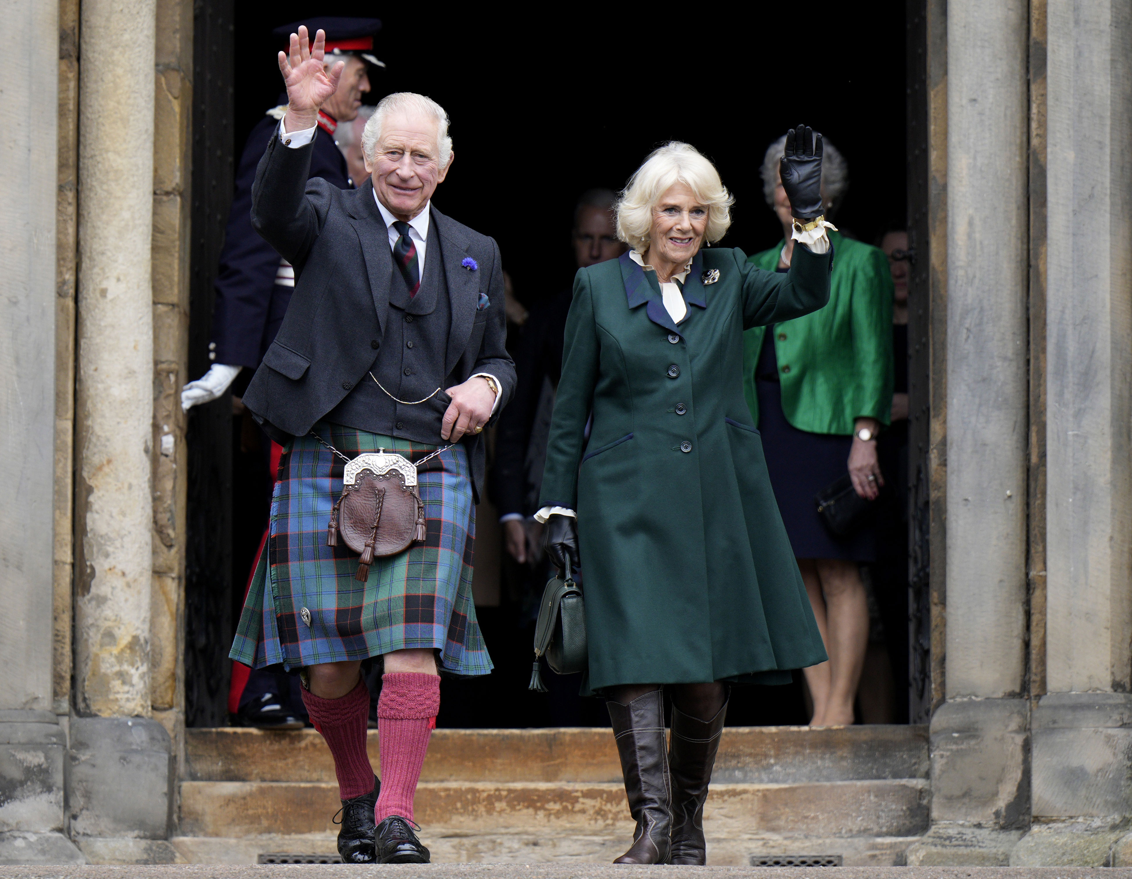 <p>A kilted King Charles III and his wife, Queen Consort Camilla, departed Scotland's Dunfermline Abbey on Oct. 3, 2022, where they celebrated its 950th anniversary following a visit with local officials and Scotland's First Minister Nicola Sturgeon to mark Dunfermline being granted city status during the late queen's Platinum Jubilee.</p>