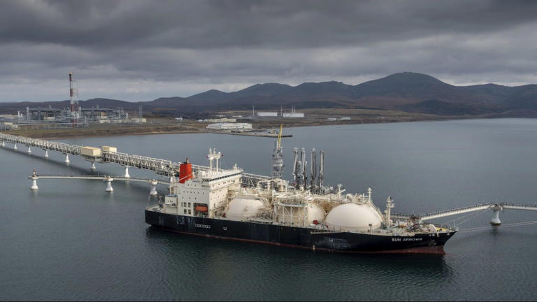 The tanker Sun Arrows loads its cargo of liquefied natural gas from the Sakhalin-2 project in the port of Prigorodnoye, Russia, on Oct. 29, 2021. File