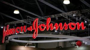 Inside hangs a red sign of Johnson & Johnson (JNJ) in Moscow, Russia.