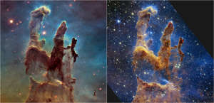 The Pillars of Creation, imaged by Hubble in 2014 (left) and JWST in 2022 (right). NASA, ESA, CSA, STScI; Joseph DePasquale (STScI), Anton M. Koekemoer (STScI), Alyssa Pagan (STScI).