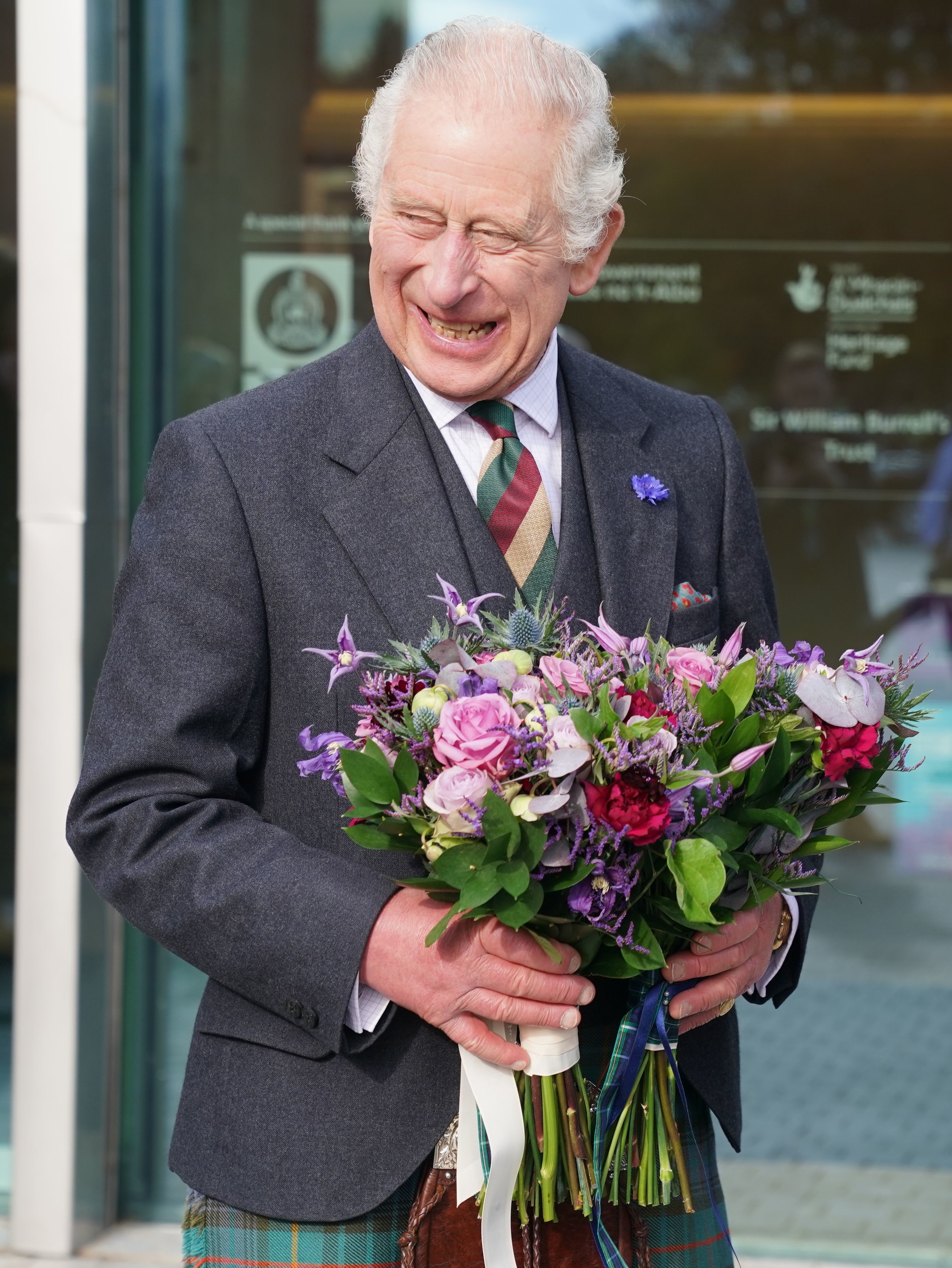 <p>King Charles III collected bouquets of flowers from well-wishers while officially re-opening the Burrell Collection at Pollok Country Park in Glasgow, Scotland, on Oct. 13, 2022, following a six-year refurbishment project.</p>