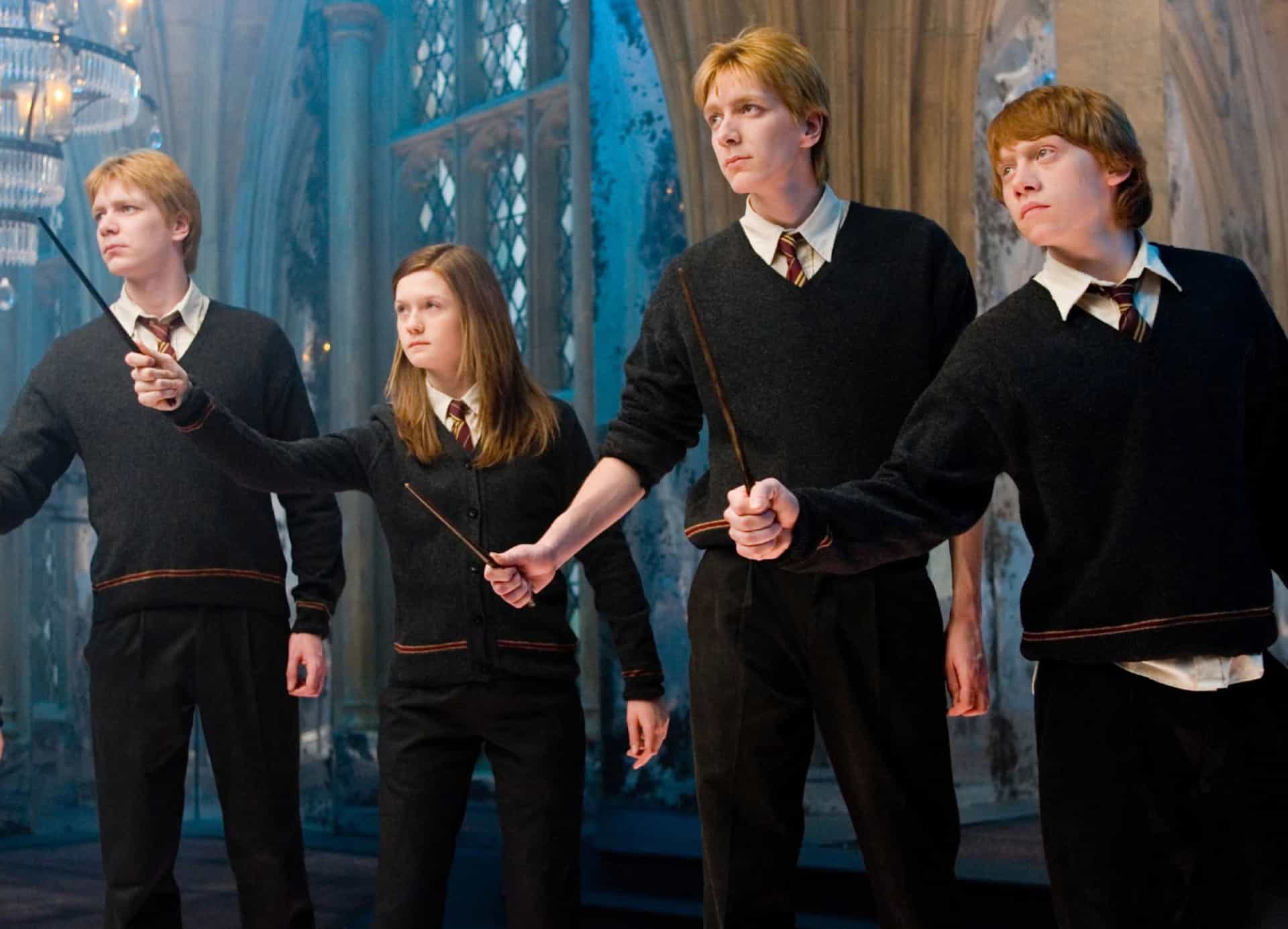 <p>Real-life twins James and Oliver Phelps playing Fred and George Weasley respectively—seen here in 'Harry Potter and the Order of the Phoenix' (2007) with Bonnie Wright and Rupert Grint—was a popular double act throughout the series.</p>
