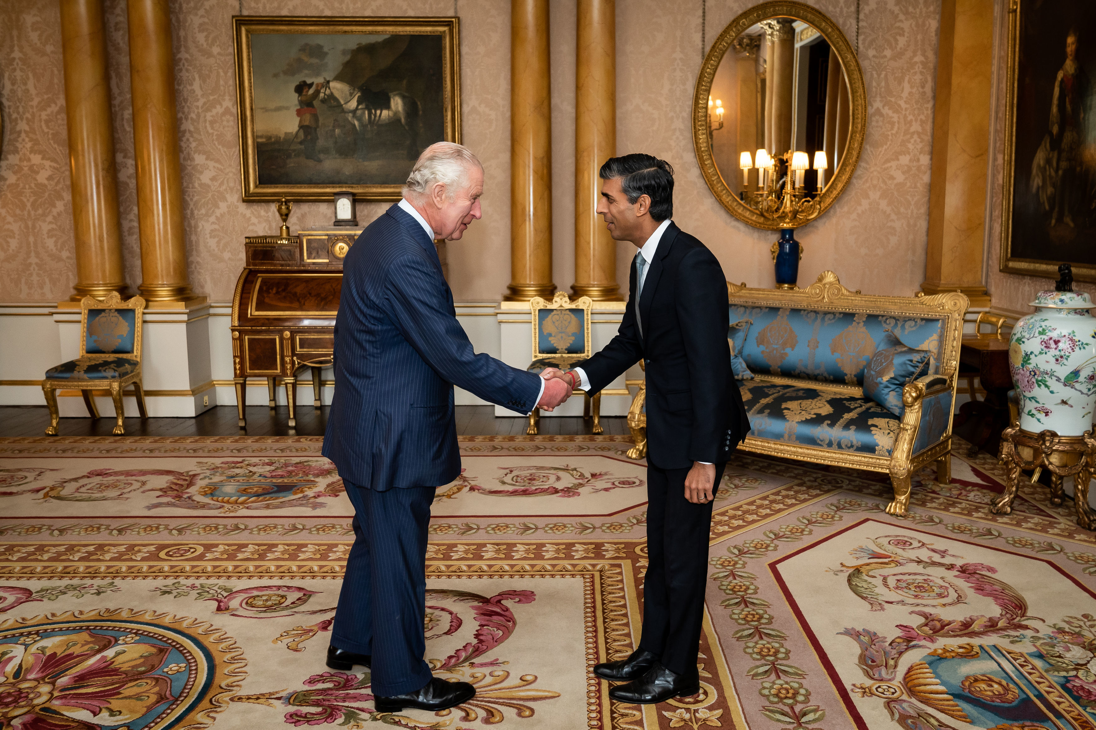 <p>King Charles III welcomed Rishi Sunak during an audience at Buckingham Palace in London where he invited the newly elected leader of the Conservative Party to become prime minister and form a new government on Oct. 25, 2022. Rishi is Britain's first ever prime minister of color as well as the first PM to start his tenure as the country's leader under the new king.</p>