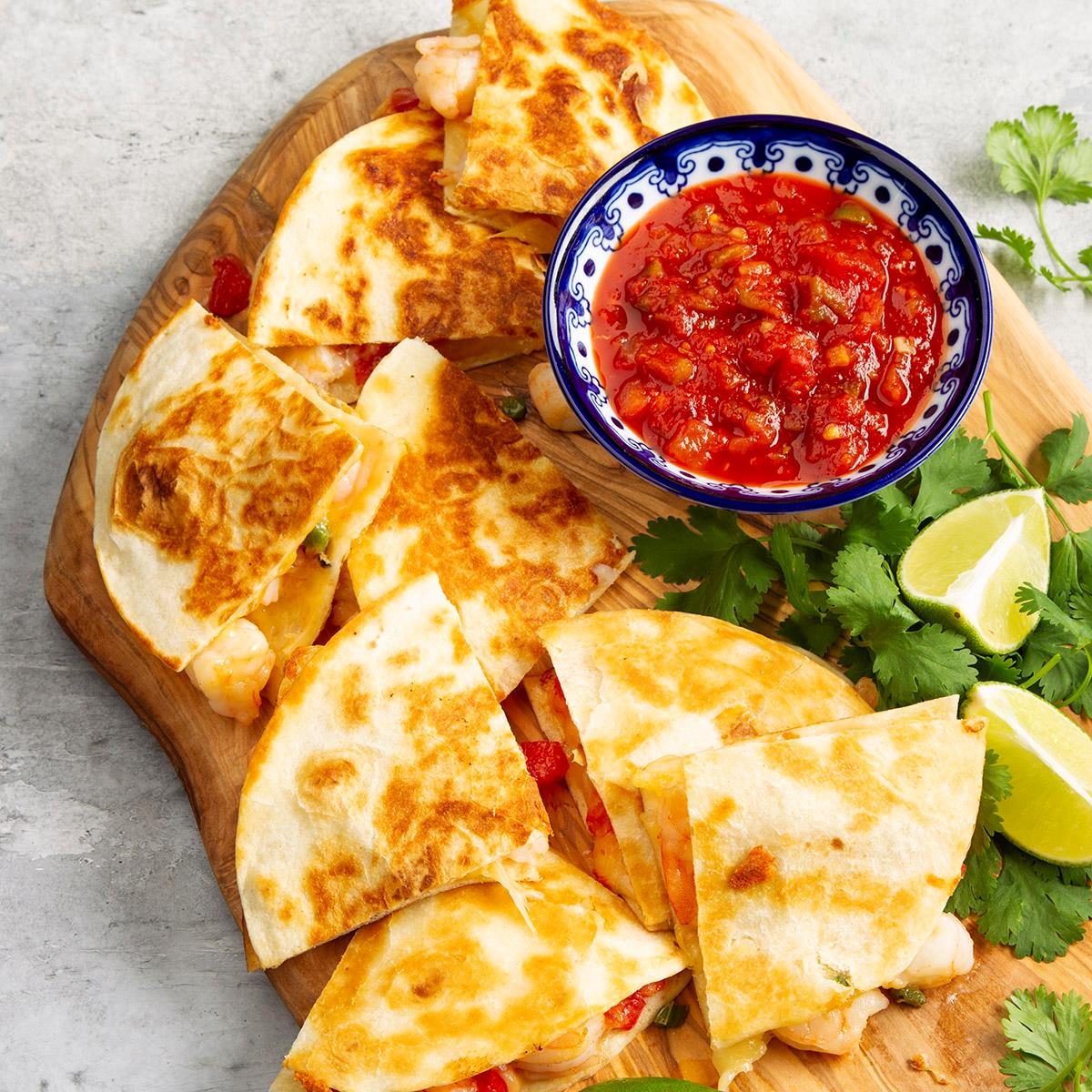 <p>It takes less than 10 minutes to cook up these spicy, cheesy shrimp quesadillas. To save even more time, use cooked shrimp instead of raw.</p> <div class="listicle-page__buttons"> <div class="listicle-page__cta-button"><a href='https://www.tasteofhome.com/recipes/shrimp-quesadilla/'>Go to Recipe</a></div> </div>
