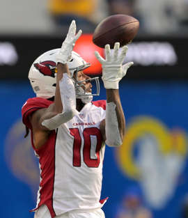 Nov 13, 2022; Inglewood, California, USA; Arizona Cardinals wide receiver DeAndre Hopkins (10) catches a pass for a first down in the first half against the Los Angeles Rams at SoFi Stadium. Mandatory Credit: Jayne Kamin-Oncea-USA TODAY Sports
