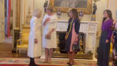 Queen Consort Camilla greets Queen Rania and Queen Mathilde