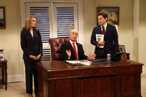 From left: Chloe Fineman, James Austin Johnson, and Bowen Yang in a sketch from the 48th-season premiere of "Saturday Night Live" in October.