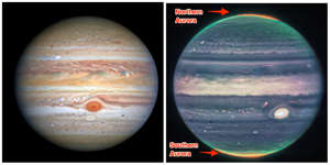 Hubble image of Jupiter (left) JWST image of Jupiter (right) Hubble, NASA, ESA, Jupiter ERS Team; image processing by Judy Schmidt