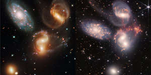 The galaxy cluster Stephan's Quintet, as imaged by Hubble (left) and JWST (right). Hubble SM4 ERO Team/NASA/ESA/CSA/STScI