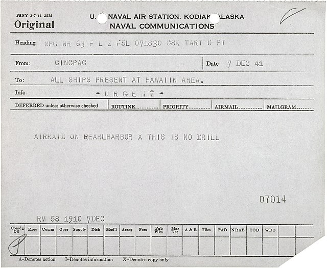 <p>Radiogram announcing the attack on Pearl Harbor on December 7, 1941. Issued by the Commander in Chief Pacific Fleet Headquarters (CINPAC), it reads, "AIRRAID ON PEARLHARBOR X THIS IS NO DRILL."</p>