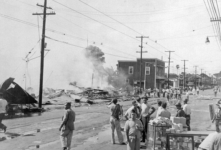<p>Honolulu suffered damage during the attack, with residents seeking shelter from the bombs being dropped by the Japanese and by American anti-aircraft fire that fell on the city. This photo shows just some of the destruction. Sixty-eight civilians lost their lives in the bombardment, becoming innocent victims of the military action.</p>