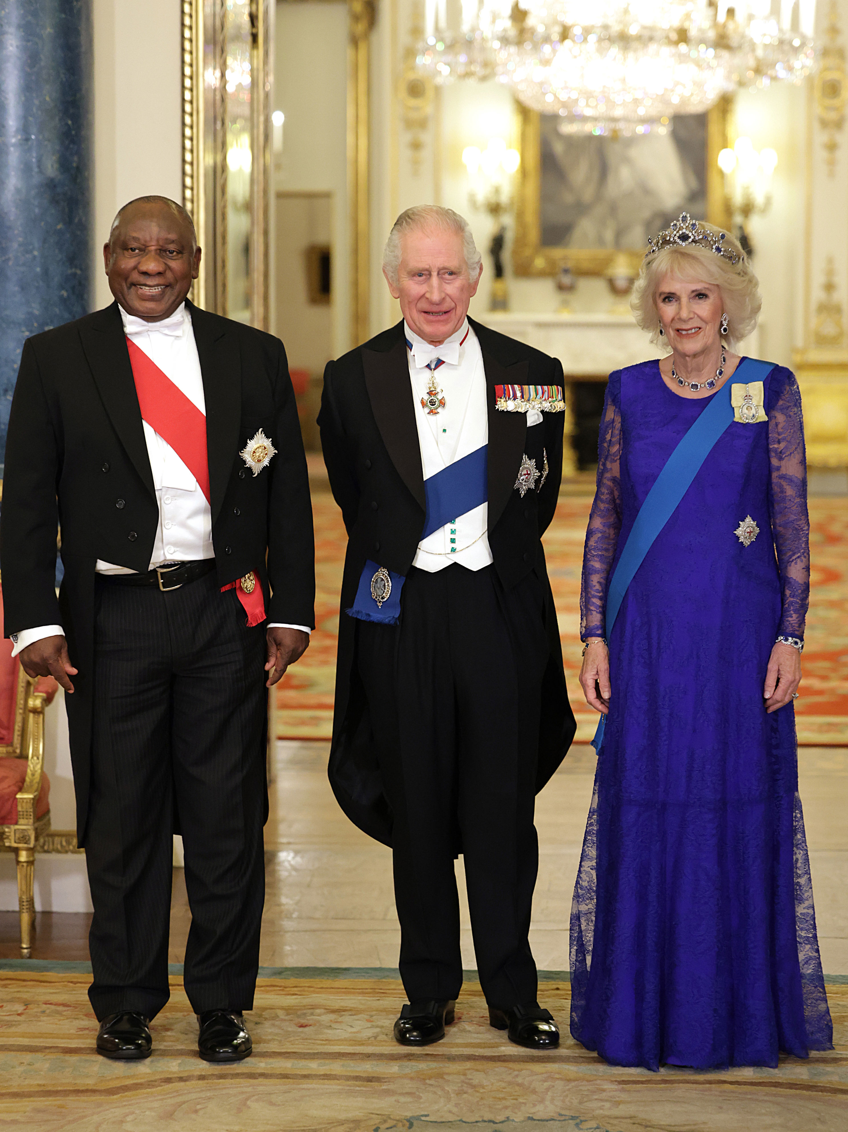 <p>President of South Africa Cyril Ramaphosa stood with King Charles III and Queen Consort Camilla during a State Banquet at Buckingham Palace in London on Nov. 22, 2022 -- the first state visit hosted by the U.K. with Charles as monarch, and the first state visit to Britain by a South African leader since 2010.</p>