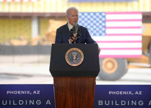 President Joe Biden speaks to guests after a tour of Taiwan Semiconductor Manufacturing Co. under construction in Phoenix on Dec. 6, 2022.