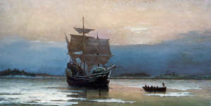 The Mayflower in Plymouth Harbor, Massachusetts, 1620. Painting by by William Halsall, 1882. Photo by Barney Burstein/Corbis/VCG via Getty Images