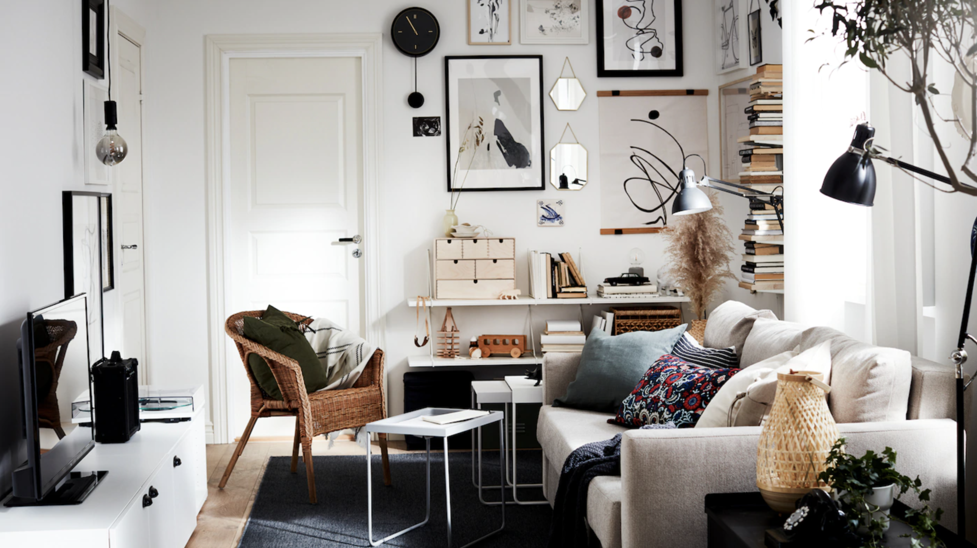 <p>                     Sometimes the best thing for a cramped apartment living room is to embrace those small dimensions. Turn a small sad room into a rustic, boho, bang-on-trend dream space just by filling it with plenty of different textiles and textures.                    </p>                                      <p>                     Pile up the throw pillows and blankets on the sofa, cover the walls with prints and memorabilia, stack up your books and fill every surface with decoration. Stop it looking too crazy by keeping the walls white so you have that neutral backdrop, and pick a simple color palette for your decor too.                   </p>