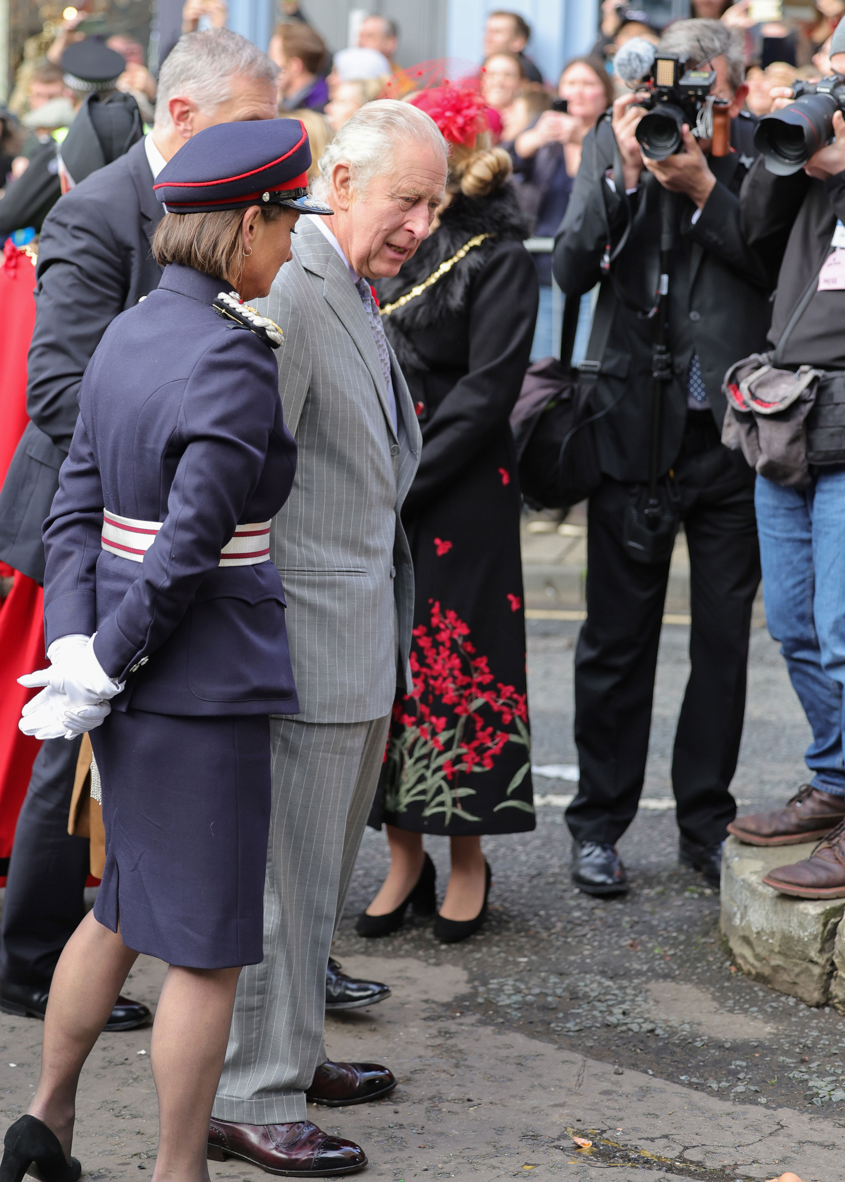 <p>A broken egg thrown by a member of the public at King Charles III is seen on the ground in front of the monarch as he and Queen Consort Camilla (not pictured) arrived for a welcoming ceremony to the city of York at Micklegate Bar during an official visit to Yorkshire, England, on Nov. 9, 2022. The person who threw the eggs narrowly missed the monarch, who carried on calmly.</p>
