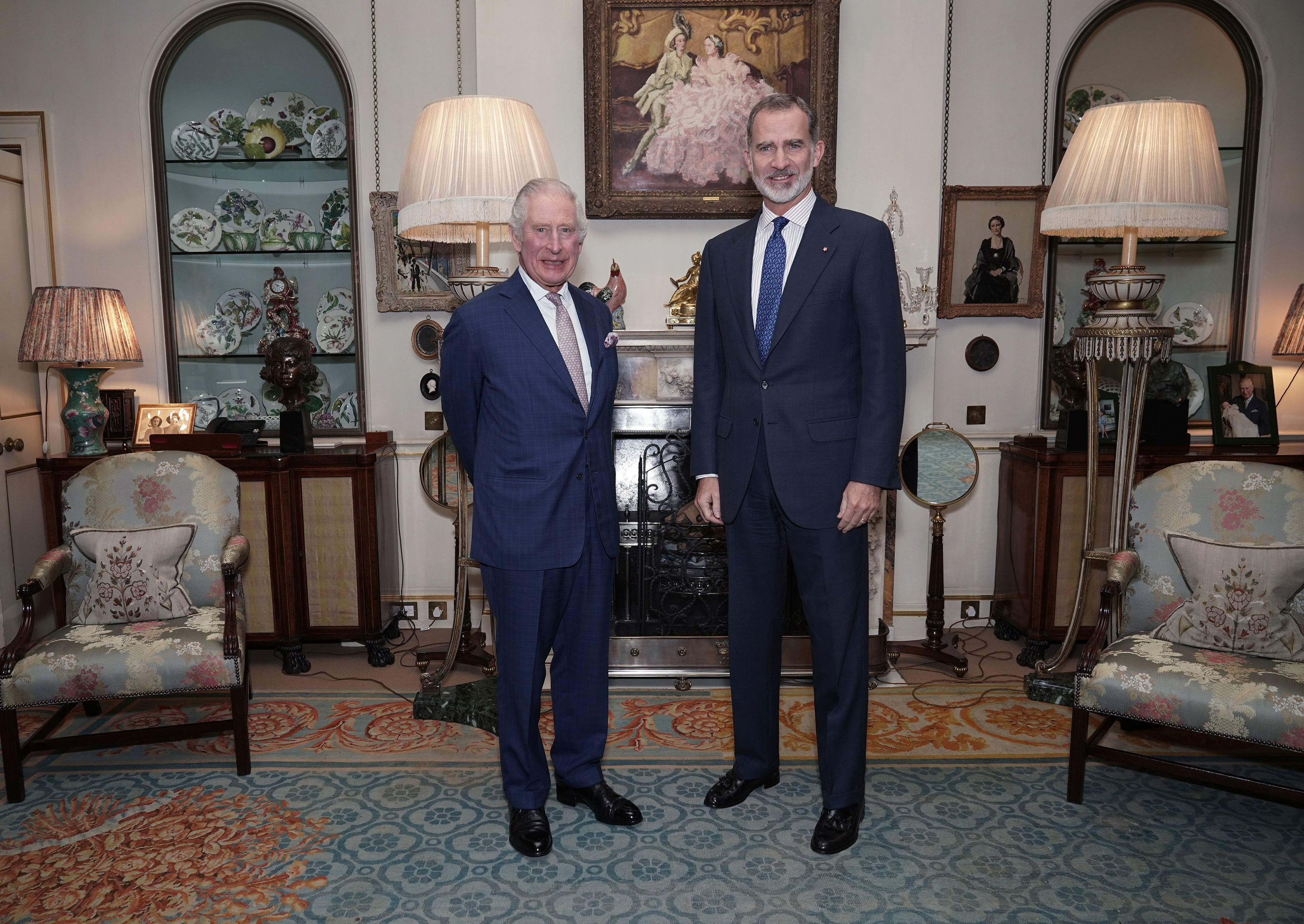 <p>King Charles III received King Felipe VI of Spain -- a distant cousin, as both are descendants of britain's Queen Victoria -- in the Morning Room during an audience at Clarence House in London on Nov. 21, 2022.</p>