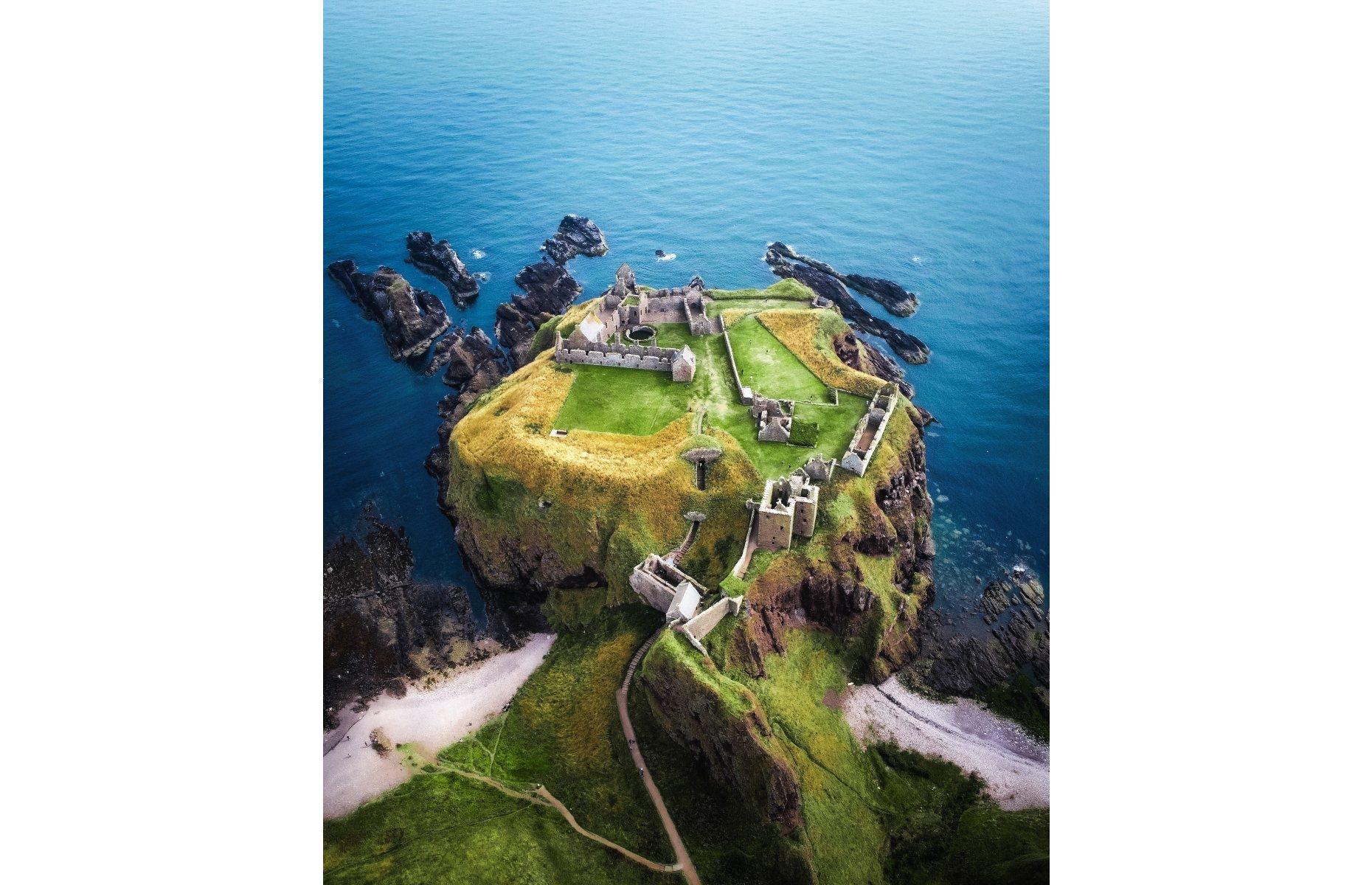 Ingenious aerial photography, courtesy of Verginia Hristova, reveals the combination of rugged natural beauty and historic architecture in this impressive image of Dunnottar Castle. The monument, which perches on a remote 160-foot (49m) cliff above the North Sea, was built in the 13th century and has been used by some of Scotland's greatest historical figures over the years, including Mary Queen of Scots and William Wallace.