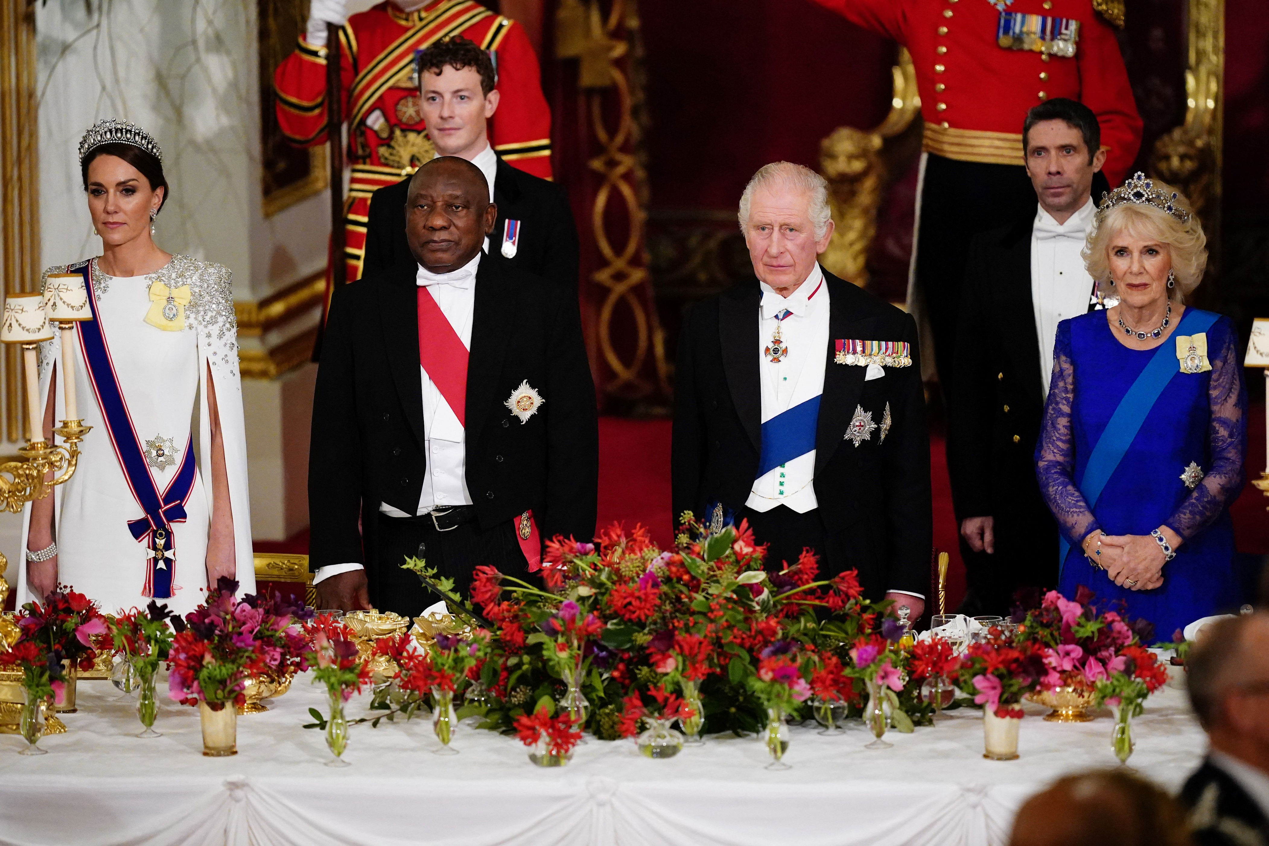<p>Princess Kate, President of South Africa Cyril Ramaphosa, King Charles III and Queen Consort Camilla attended a state banquet at Buckingham Palace in London on Nov. 22, 2022 -- the first state visit hosted by the U.K. with Charles as monarch, and the first state visit to Britain by a South African leader since 2010. </p>