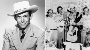 Hank Williams is shown on the left — and is with his bandmates on the right. Getty Images