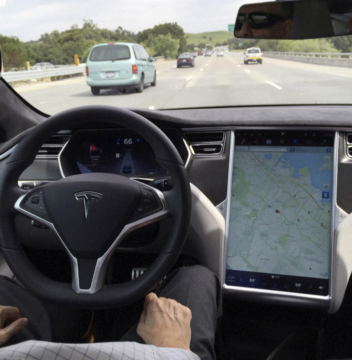 The interior of a Tesla Model S is shown in autopilot mode in San Francisco, California, on April 7, 2016. REUTERS/Alexandria Sage/File Photo