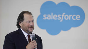 Salesforce chairman Marc Benioff speaks during a news conference, in Indianapolis. ((AP Photo/Darron Cummings, File))