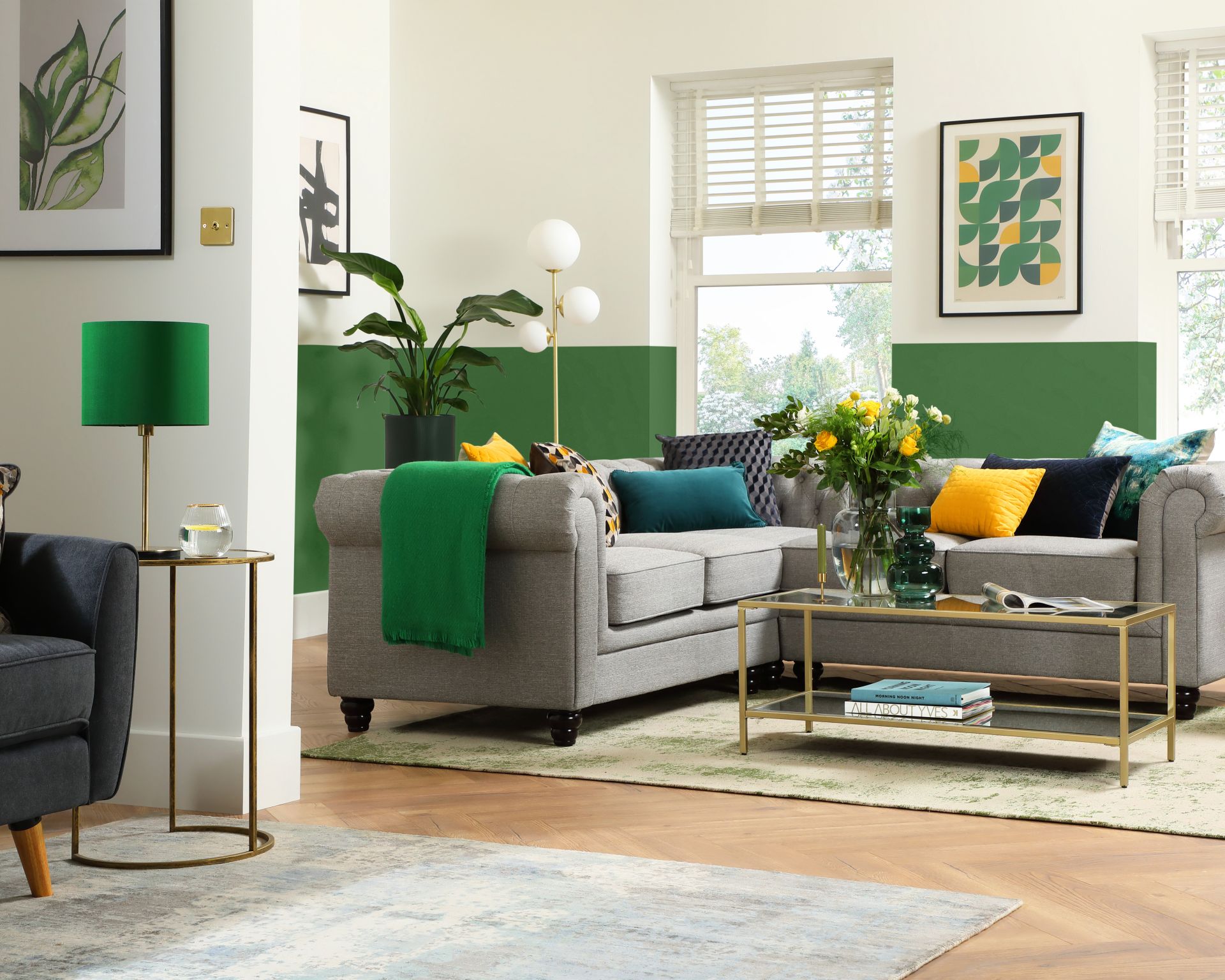 <p>                     'One of my personal favorite color combos is gray and green. Specifically, look for cool, mid-tone grays with blue undertones and cooler green hues (pistachio, light olive, etc) as well. This combination adds naturalism and freshness to whatever space it is in,' says Kazimierski.                   </p>                                      <p>                     'My go-to colors to pair with gray in home decor are shades of green,' says Leonard Ang, CEO at iPropertyManagement. 'It provides a sharp, clean effect, and the contrast between a charcoal grey and a bright green can really pop if the green is used in moderation.'                   </p>                                      <p>                     A grey sofa is a perfect base from which to go experimental with your wall color. Painting the lower half of your wall a bright color is a great way to ease your way into a more vibrant shade, as it doesn't overwhelm the whole room.                   </p>