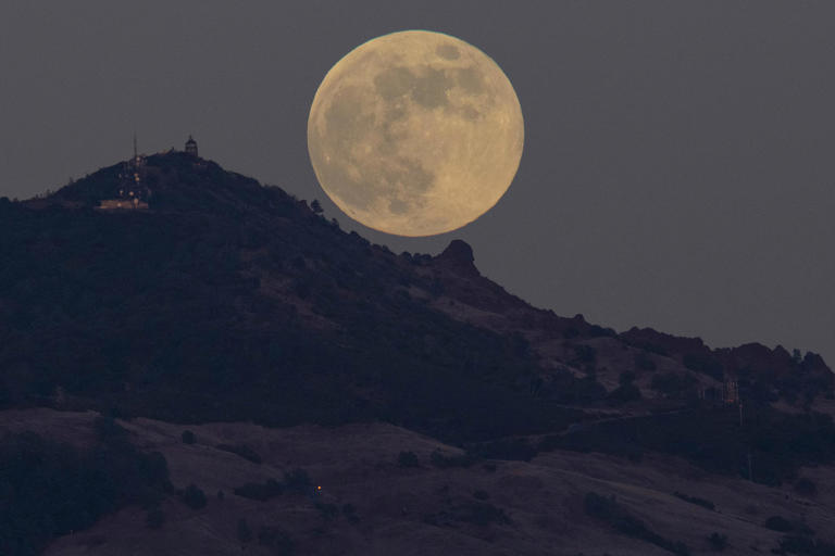 The full moon rises near the summit of Mount Diablo before the lighting of the beacon as photographed from Moraga, Calif., on Wednesday, Dec. 7, 2022. Tonight's full moon is also called the Cold Moon. The lighting of the beacon pays tribute to the lives that were lost at Pearl Harbor and also honors the surviving veterans of that day. (Jose Carlos Fajardo/) ORG XMIT: CAJOS601