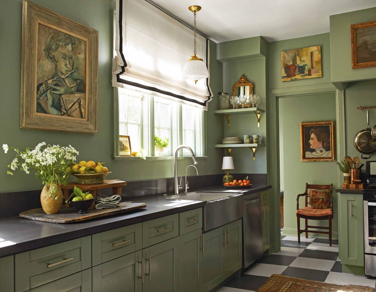 <p>For 2023, <a href="https://www.veranda.com/decorating-ideas/color-ideas/g37929925/color-trends-2022/">the color green</a> is certainly trending, especially <a href="https://www.veranda.com/home-decorators/advice-from-designers/g36717766/kitchen-cabinet-paint-colors/">in the kitchen</a>. In <a href="https://www.veranda.com/decorating-ideas/house-tours/a38349999/keenan-los-angeles-house-tour/">this Los Angeles kitchen designed by Fran Keenan</a>, the cabinets and walls are painted Castle Grey by <a href="https://go.redirectingat.com?id=74968X1553576&url=https%3A%2F%2Fwww.farrow-ball.com%2Fen-us&sref=https%3A%2F%2Fwww.veranda.com%2Fdecorating-ideas%2Fg35091957%2Fkitchen-cabinet-ideas%2F">Farrow & Ball</a>. </p>