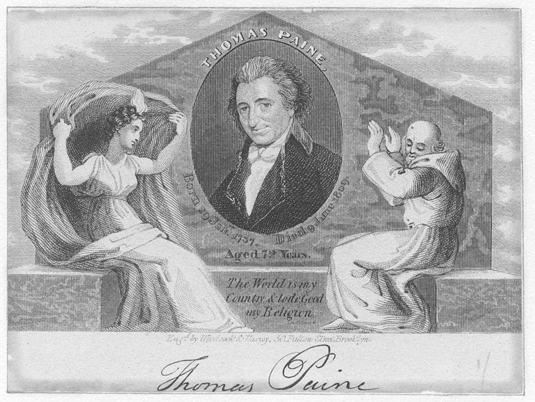 A memorial engraving of Thomas Paine, with a smirk on his face, containing his dates of birth and death, with text reading, "The World is my Country and to do Good my Religion," as figures of religion and law shield themselves from his image, 1815. From the New York Public Library. Smith Collection/Gado/Getty Images